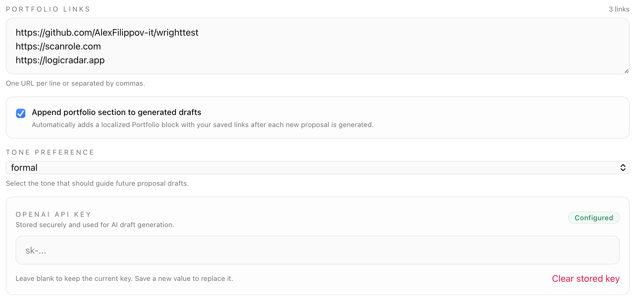 AI draft proposal panel with tone preference, language, and OpenAI key settings