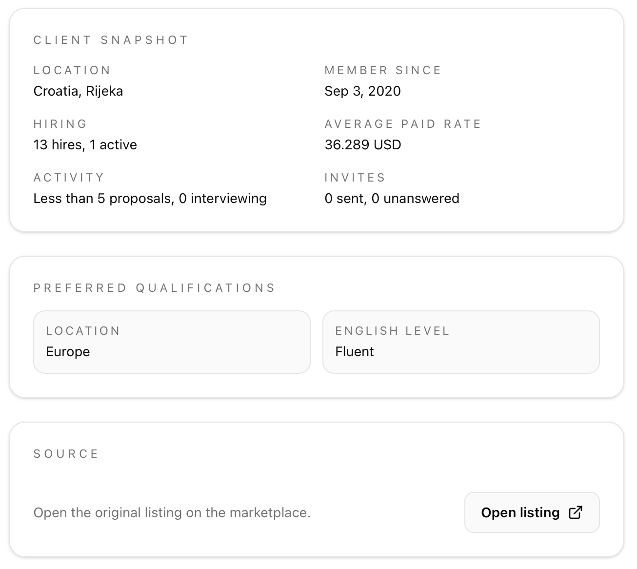 Client information panel with hiring history and qualification details