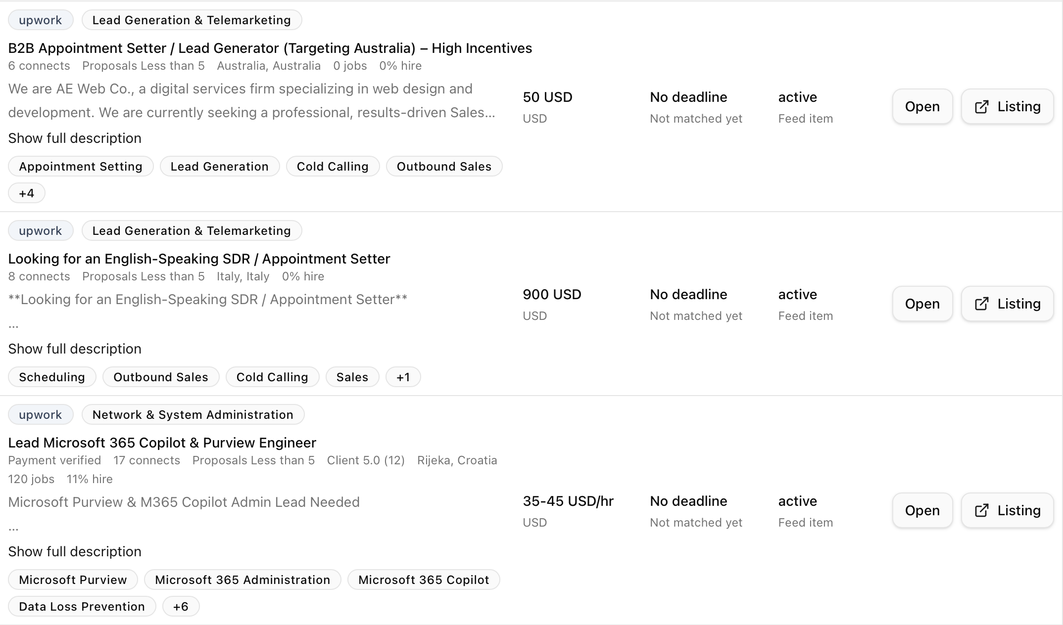 FreelanceOS job feed with a list of Upwork tasks and compact metrics