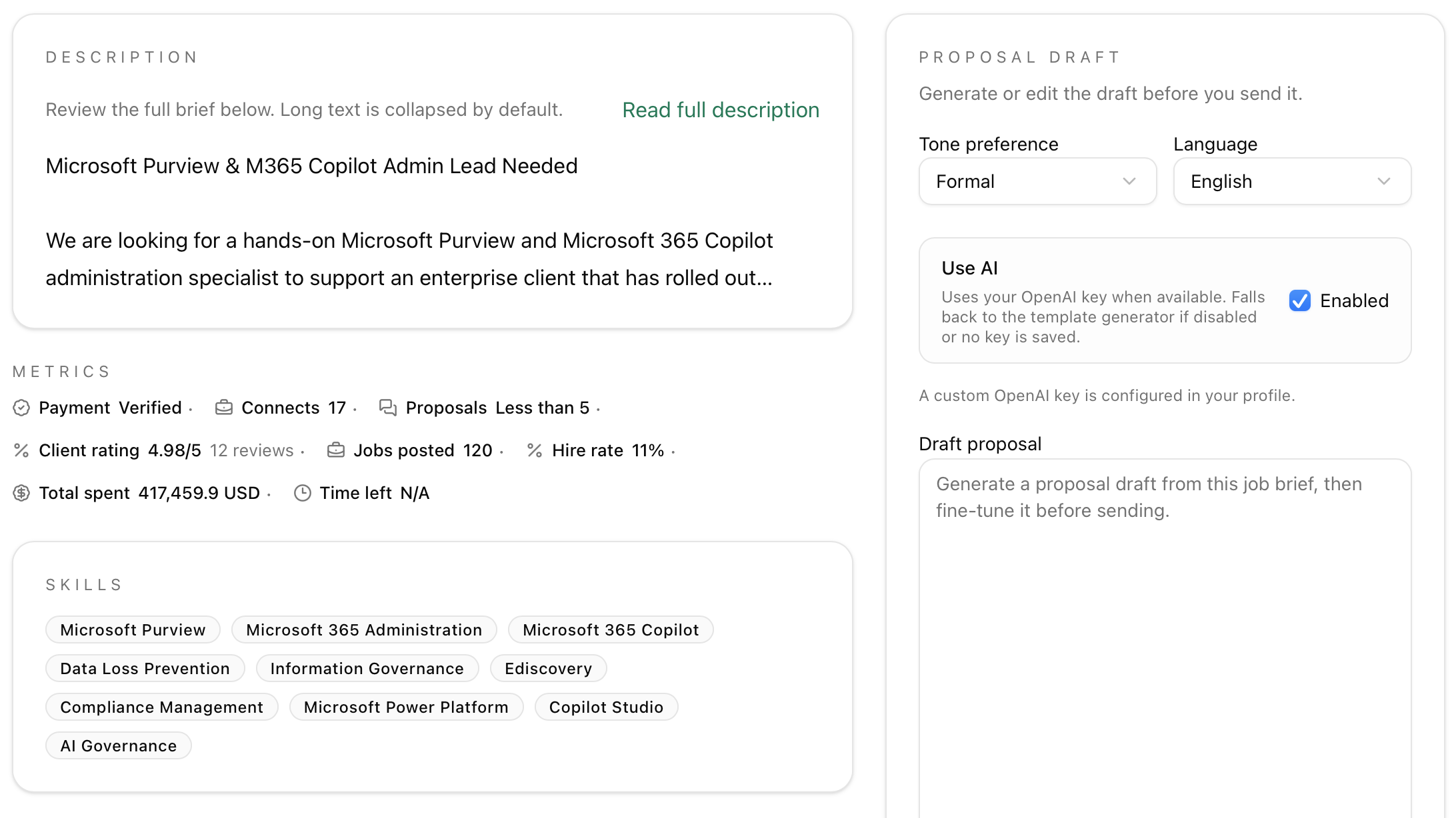 Task metrics panel with client metrics and skill requirements