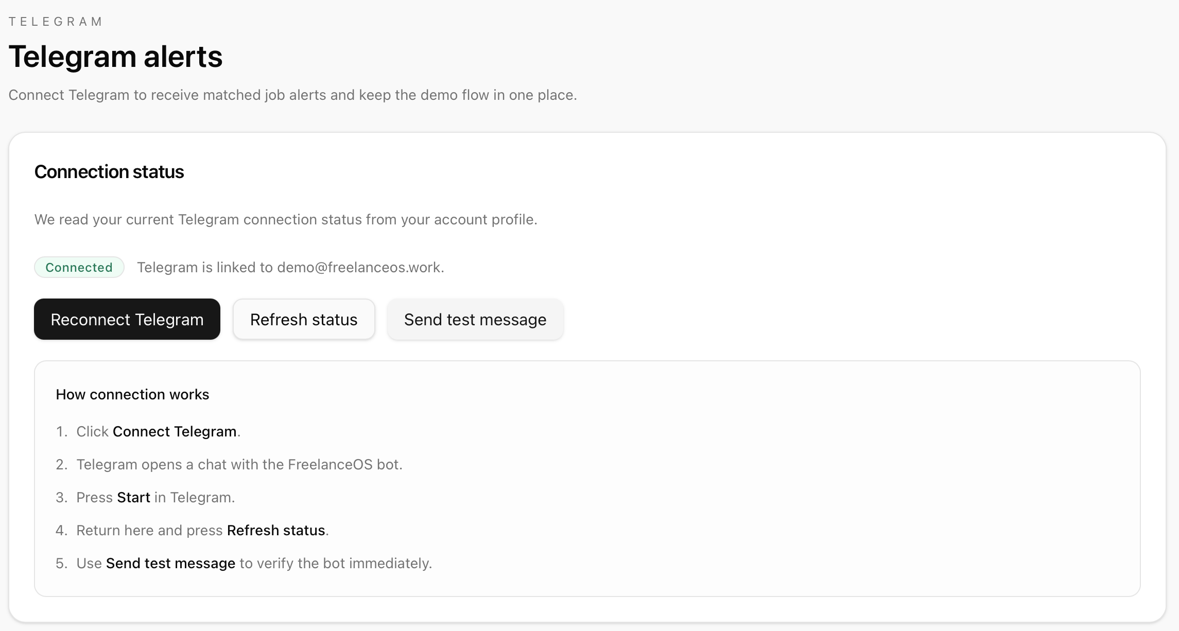 Telegram alerts screen showing connected status and message flow in FreelanceOS